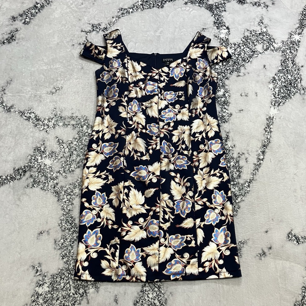 Enfocus Studio Floral Cold Shoulder Dress Womens 14W Navy Pleated Midi